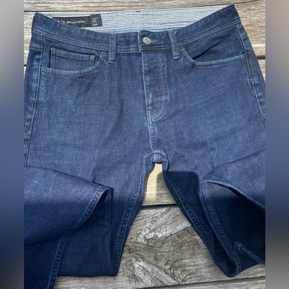 Armani Exchange men’s straight leg dark wash jeans , size 33, inseam: 30.5”